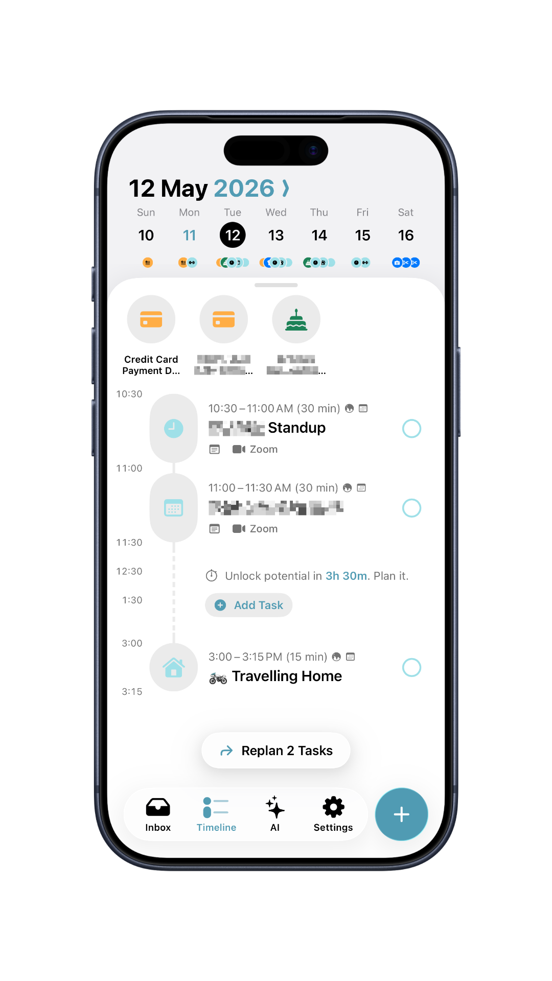Structured Pro timeline view showing a day with meetings, gaps, and a Replan 2 Tasks prompt